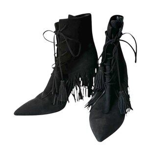 AQUAZZURA Mustang 105 Fringe Heeled‎ Ankle Boots In Black Suede, Size 37 EU